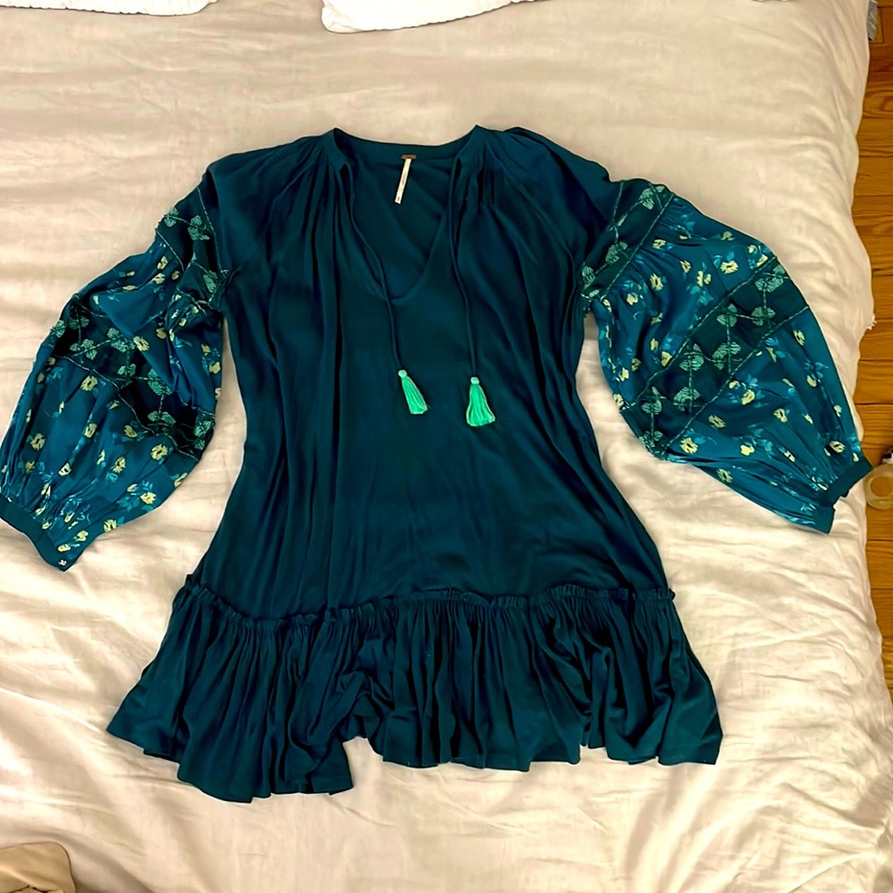 Free People green puff sleeve mini dress size small
